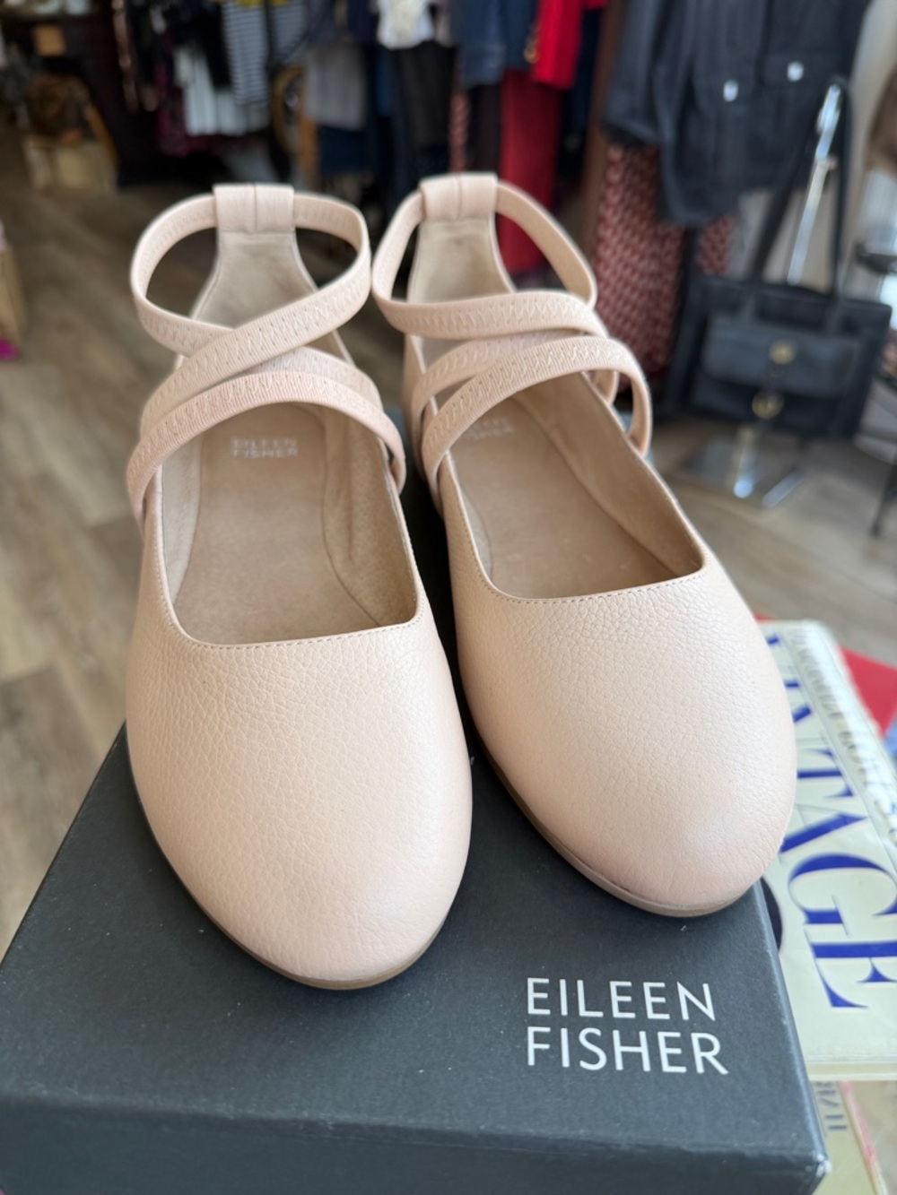 Eileen Fisher Joe WL Blush Pink Leather Cross-Strap Ballet Flats